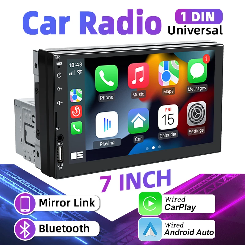 Hippcron 7 "1din autoradio filaire Carplay Android Auto écran tactile multimédia universel lecteur MP5 FM Aux entrée USB lien miroir