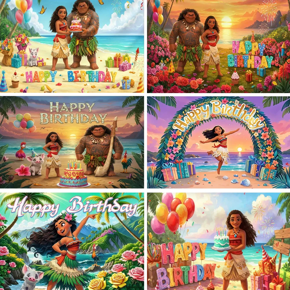 Sfondo di cartone animato Disney Ocean Moana Sfondo di decorazione per feste di buon compleanno Forniture per baby shower Post fotografico per bambini
