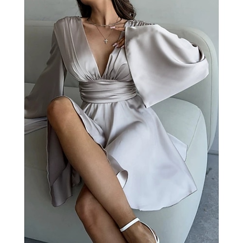 Per donna Mini Abito Abito da Cocktail Abito in Raso Abito Sottoveste Elegante Moda Moderno All'aperto Feste Abbigliamento da sera Taglia piccola Semplice Manica Lunga Scollo a V Nero Bianco Blu