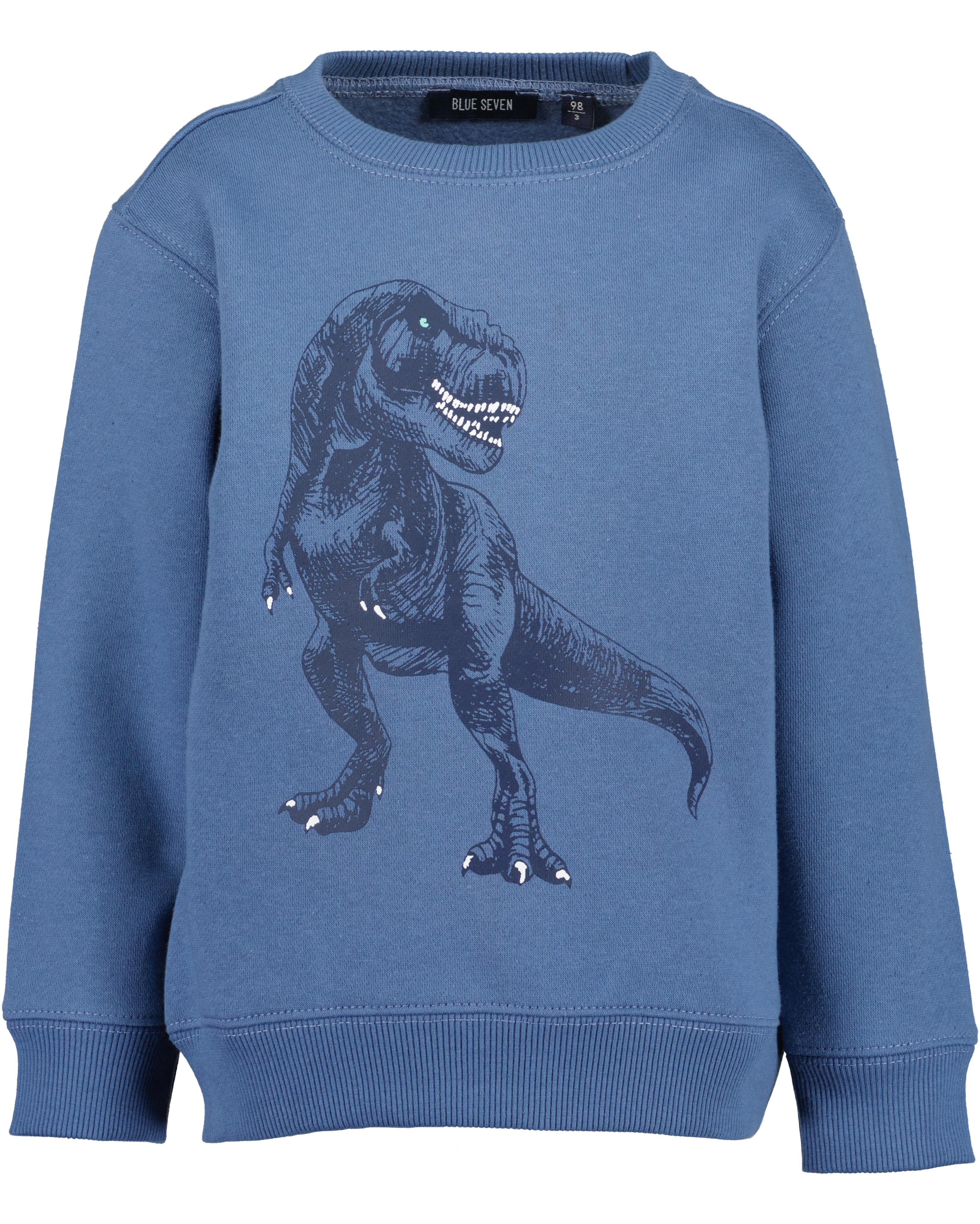 Sweatshirt BLUE SEVEN, Jungen, Gr. 122, jeansblau, Sweatware, Obermaterial: 80% Baumwolle, 20% Polyester, bedruckt, regular fit normal, Rundhals, Rippbündchen, Sweatshirts, mit großem Dino-Frontmotiv Image