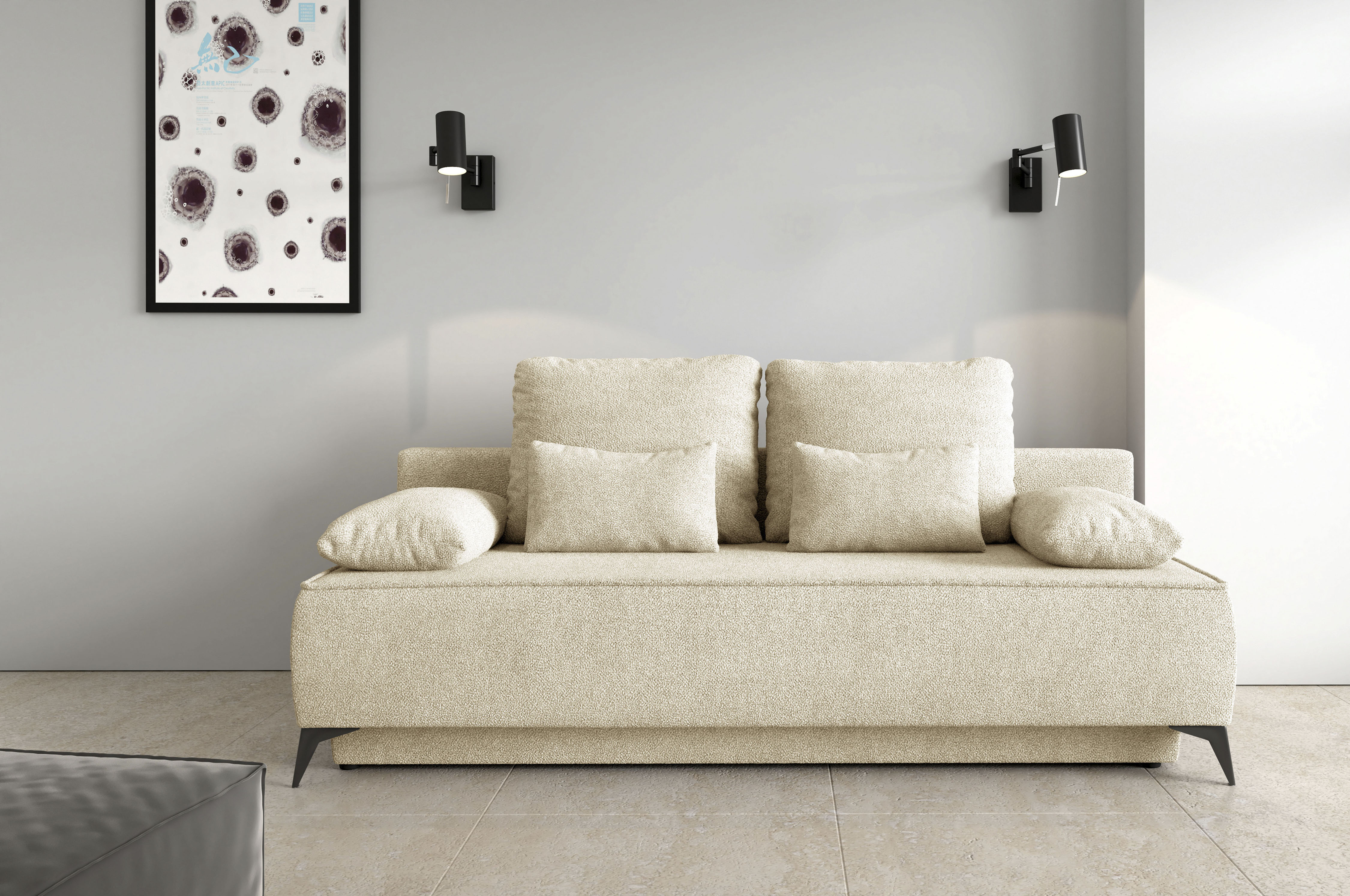 Schlafsofa WERK2 "Indira Samtvelour Boucle Bezug, Breite 206cm, Liegefläche 202/145cm", beige (natur), B:206cm H:97cm T:98cm, 100% Polyester, Sofas, Schlafsofa, 2-Sitzer Sofa & Schlafcouch mit Bettkasten