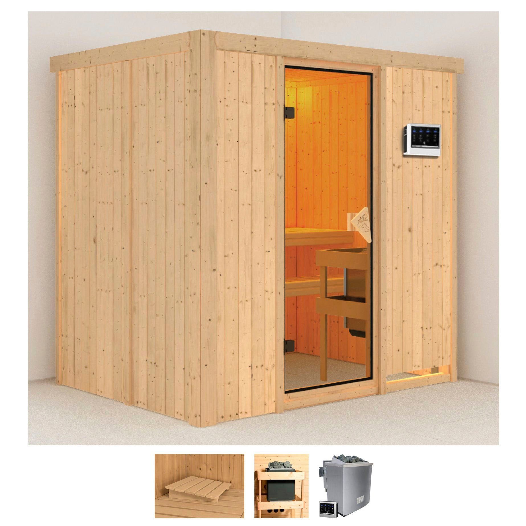 Sauna KARIBU "Bedine", beige (naturbelassen), Bio-Kombiofen, externe Steuerung, 9 kW, Saunen, 9 KW-Bio-Ofen mit externer Steuerung Image