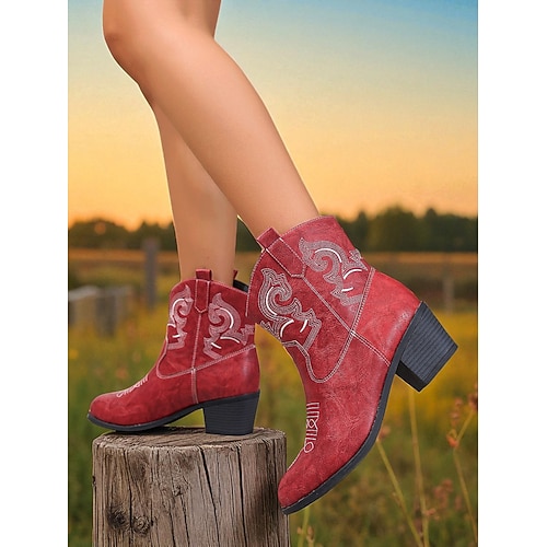 Rote Western-Cowboy-Stiefeletten aus Kunstleder für Damen mit gestickten Nähten, klobige Rodeo-Stiefeletten mit niedrigem Absatz für lässige Outfits Country-Konzerte Image