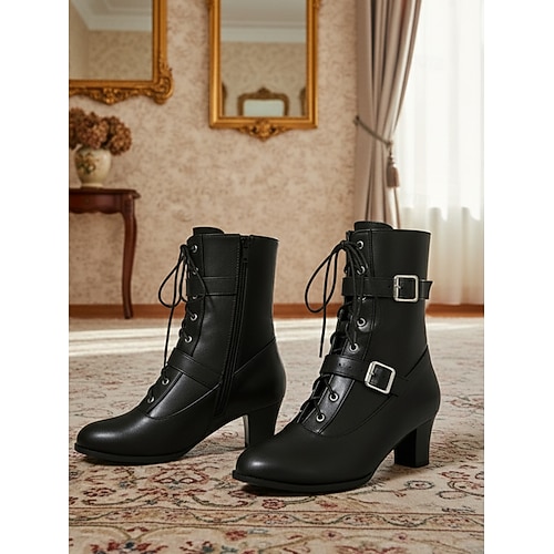Schwarze Damen-Schnürstiefeletten aus Kunstleder mit doppelten Schnallenriemen und mittelhohem Absatz im viktorianischen und edwardianischen Vintage-Stil – perfekt für Cosplay, Partys und den Alltag. Image