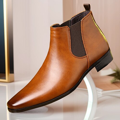 Braune Chelsea-Stiefel aus Kunstleder mit Krokodilmuster für Herren mit spitzer Zehenpartie und elastischen Seiteneinsätzen, stylische Ankle Boots für Business, Partys und formelle Anlässe Image