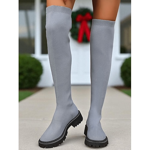 Rote Overknee-Stiefel für Damen mit dicker, rutschfester Sohle, dehnbare Winterstiefeletten im Sockenstil für lässige Outfits, Weihnachtsfeiern Streetwear Image