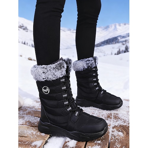 Burgunderrote Damen-Winterstiefel mit Kunstfellbesatz, wadenlang, wasserdicht, isoliert, für den Außenbereich, zum Wandern und Skifahren kaltes Wetter Image