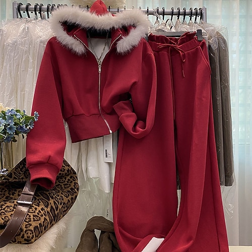 Damen Trainingsanzüge mit durchgehendem Reißverschluss Jacke mit Pelzkapuze mit Tasche Einfarbig Kombination Herbst Winter Schwarz Rot Fitnessstudio Outdoor Laufen Winddicht Warm Langarm Sport Image