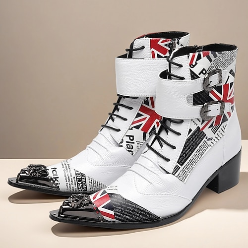 Herren Stiefel Bikerstiefel Retro Spaziergang Leder Italienisches Vollnarbenleder Bequem Rutschfest Warm Mittelstiefel Reißverschluss Schnalle Weiß Frühling Herbst Winter