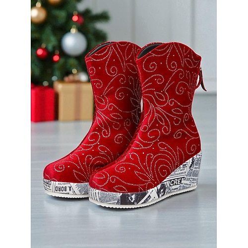 Rote Damen-Keilstiefeletten aus Samt mit Glitzer-Strass-Design und bedruckter Sohle, modische Winter-Partyschuhe für Weihnachten Abend Image