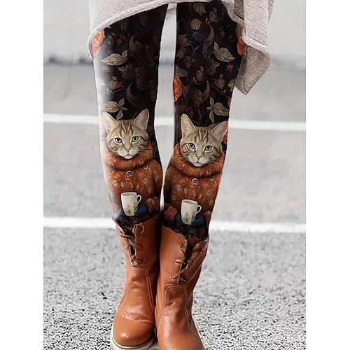 Damen Leggings Urlaub Vintage Mode Volle Länge Hohe Taille Grafik Tiermotiv Katze Drucken Thermowarm Weich Atmungsaktiv Dehnbar Täglich Outdoor Urlaub Schwarz Braun Grau Frühling Herbst Schmale Image