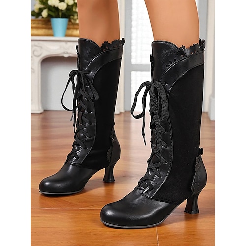 Schwarze kniehohe Schnürstiefel im viktorianischen Edwardian-Stil für Damen mit gewelltem Besatz und kleinem Absatz – Retro-Gothic-Stiefel im Stil der 1920er Jahre für Damen, perfekt für Cosplay, Image