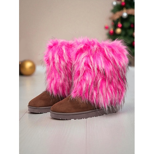 Damenstiefel aus braunem Wildleder mit flauschigem rosa Kunstfellbesatz, gemütliche Winterschuhe bis zur Wadenmitte, stylische Party Streetwear-Schuhe für modebewusste Frauen