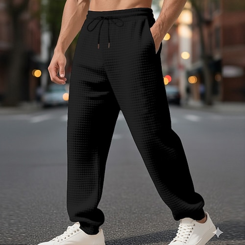 Herren Waffel Jogginghose Hose Gerade geschnittene Sweatpants Kordelzug Fronttasche Einfach Komfort Volle Länge Outdoor Arbeit Täglich Mode Streetwear Schwarz Weiß Dehnbar Image