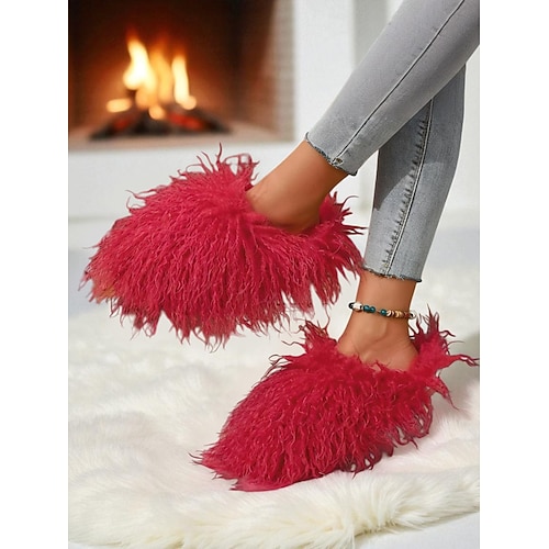 Flauschige rosa Kunstfell-Hausschuhe für Damen mit kuscheligem Plüschfutter, flauschige Winterhausschuhe für warme Füße Komfort, lustiger Statement-Stil für Zuhause, Lounge Urlaubsentspannung Image