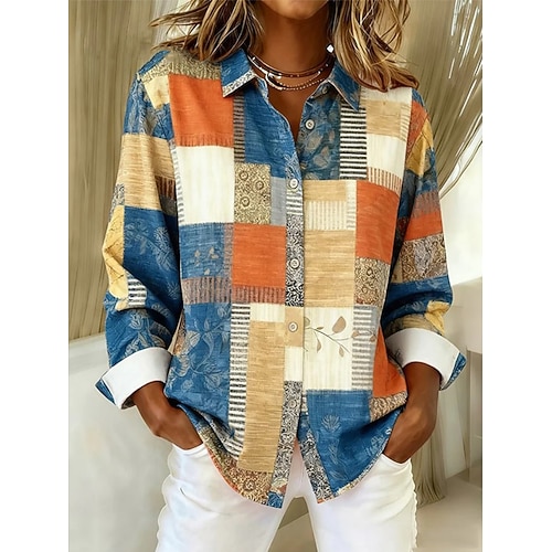 Damen Hemd Bluse Patchwork Knöpfe Druck Grafik Geometrisch Karomuster Lässig Langarm Hemdkragen Normale Oberteile Täglich Blau Gelb Rote Orange Grün Herbst Winter