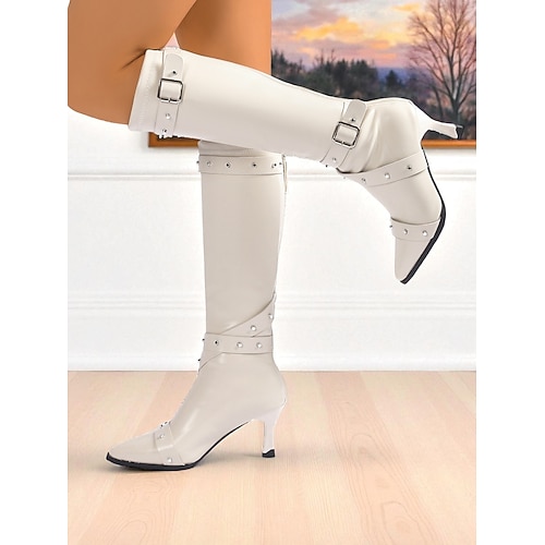 Schwarze kniehohe Damenstiefel mit Nietenschnallenriemen und spitzer Zehenpartie, Stiefel mit Absatz im Gothic-Punk-Stil für den Abend Cosplay-Partys Image