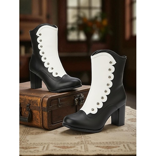 schwarz-weiße viktorianische Knopfstiefel für Damen mit gewelltem Besatz und Blockabsatz – Stiefeletten im edwardianischen Gothic-Stil der 1920er Jahre für Damen, ideal für Cosplay, Steampunk Image