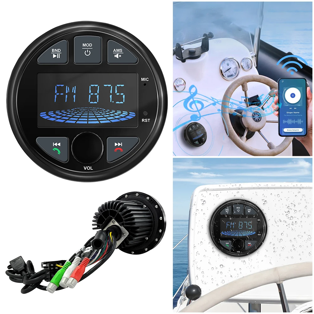 Radio de bateau stéréo marine avec écran LCD lecteur MP3 rond IPX6 étanche BT Radio multimédia numérique pour Yacht ATV UTV RV voiturette de golf