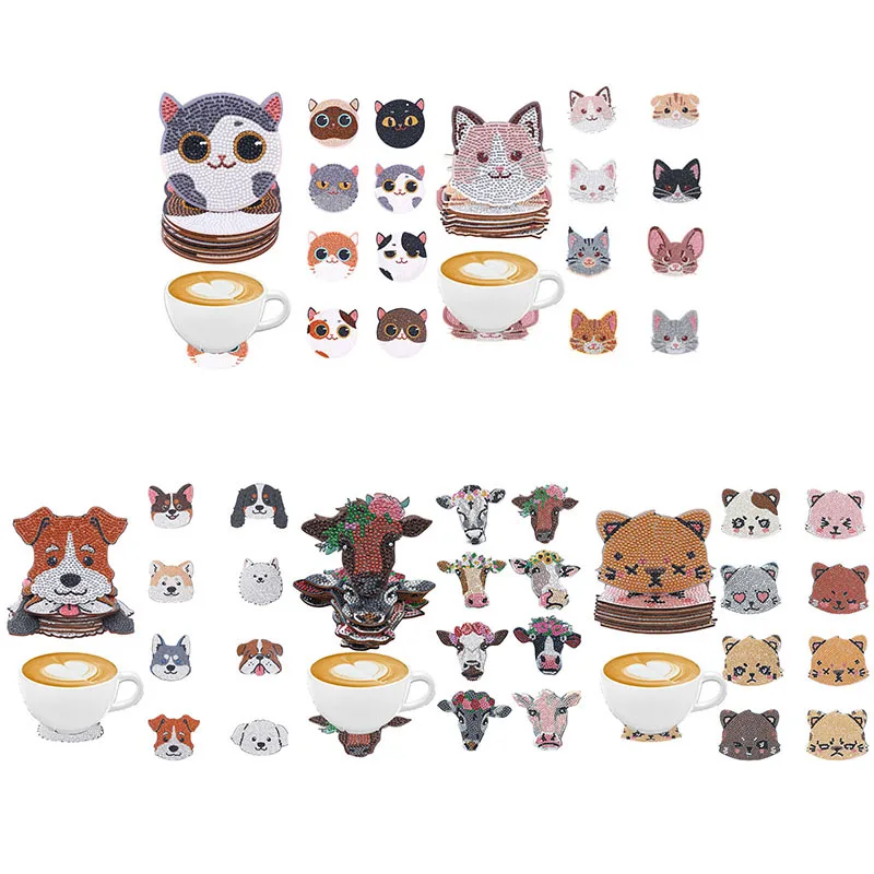 8 Sätze rutschfeste Holzuntersetzer zum Selbermachen mit Tierbild und Diamantmalerei eignen sich für Küche, Büro und Partydekoration Image