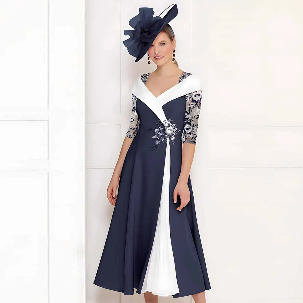 Customized Wedding Guest Dresses A-line V-neck Mother of the Bride Dress Navy Blue Applique Contrast Color Formal Gowns Midi