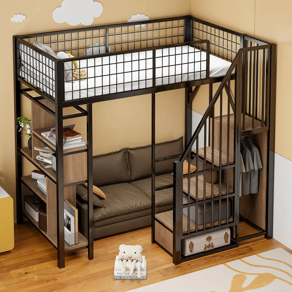 Modernes multifunktionales Hochbett 90 x 200 cm, Metallbett mit Stauraum, Stauraum und Treppe, Erwachsenenbett und Kinderbett