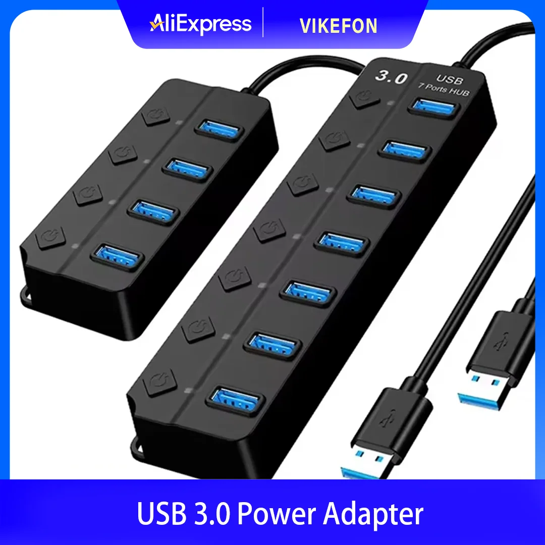 4/7 Port USB 3.0 Hub mit LED-Anzeige, unabhängige Schaltersteuerung für Laptop, Flash-Laufwerk, Festplatte, Drucker, Kameratasche Image