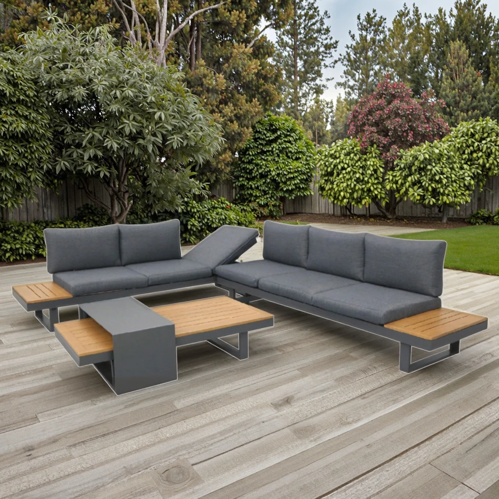 Luxuriöses, modernes L-förmiges Gartensofa-Set für den Außenbereich mit Couchtisch aus Eisenmaterial für den Einsatz im Terrassengarten Image