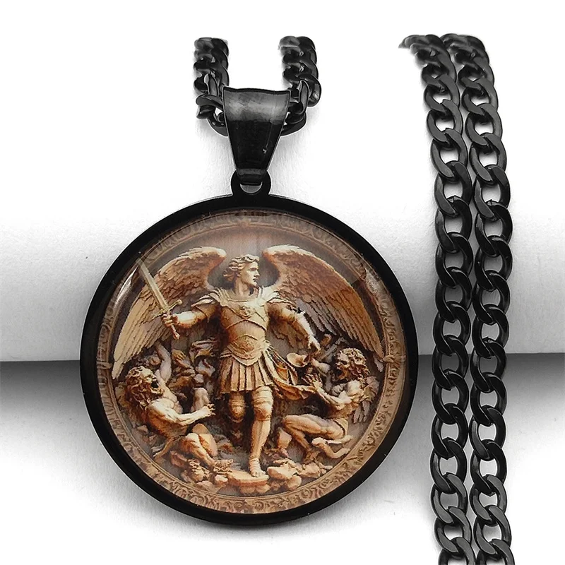 SAINT MICHAEL PROTECT US Arcangelo Medaglia di vetro in acciaio inossidabile Collane Catena Uomo Donna Collana color oro Amuleto Gioielli