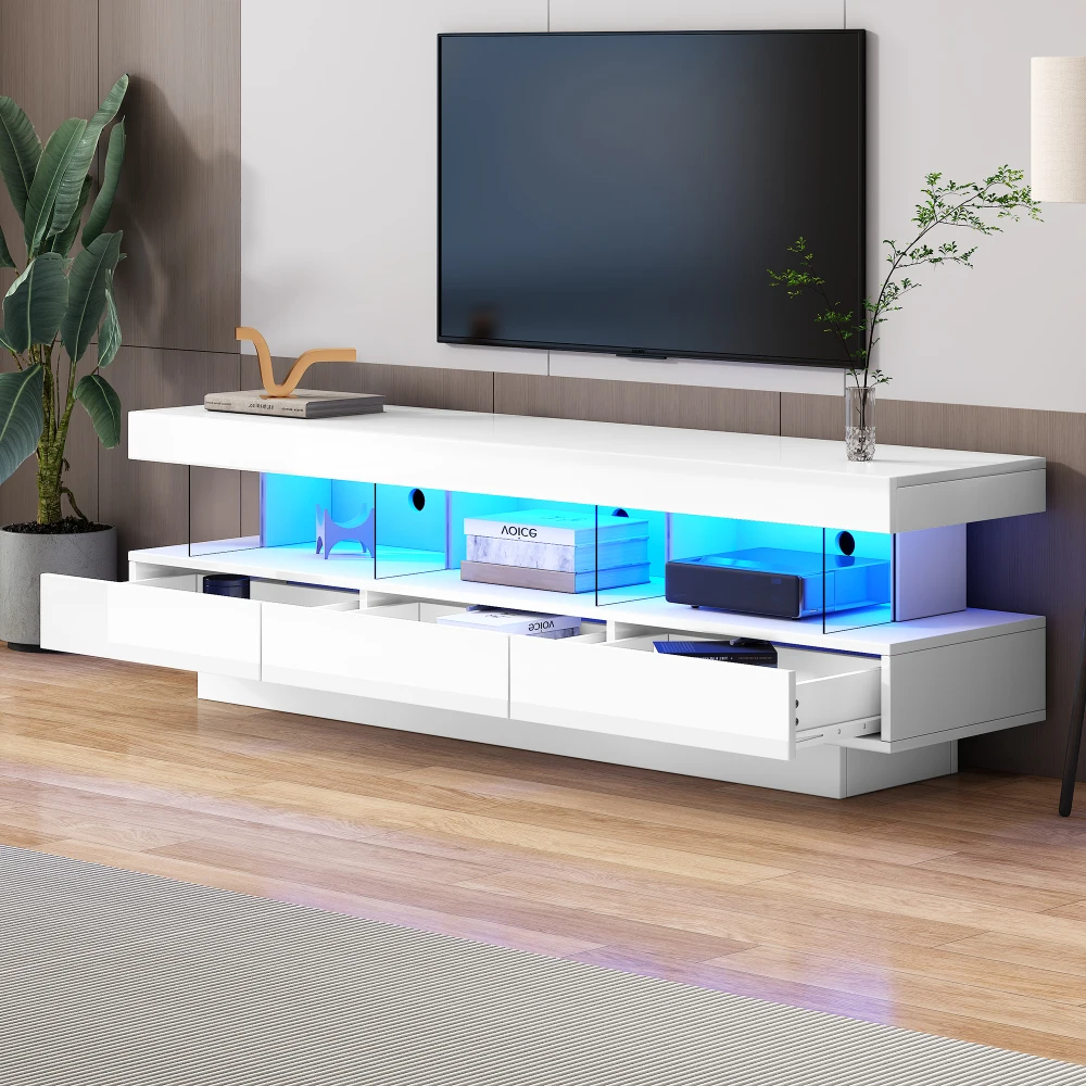 160 x 38 x 50,5 cm großer Hochglanz-TV-Schrank in Weiß mit 3 Glasfächern, LED-Beleuchtung, App-Steuerung, Bluetooth-Verbindung, für 70-Zoll-Fernseher