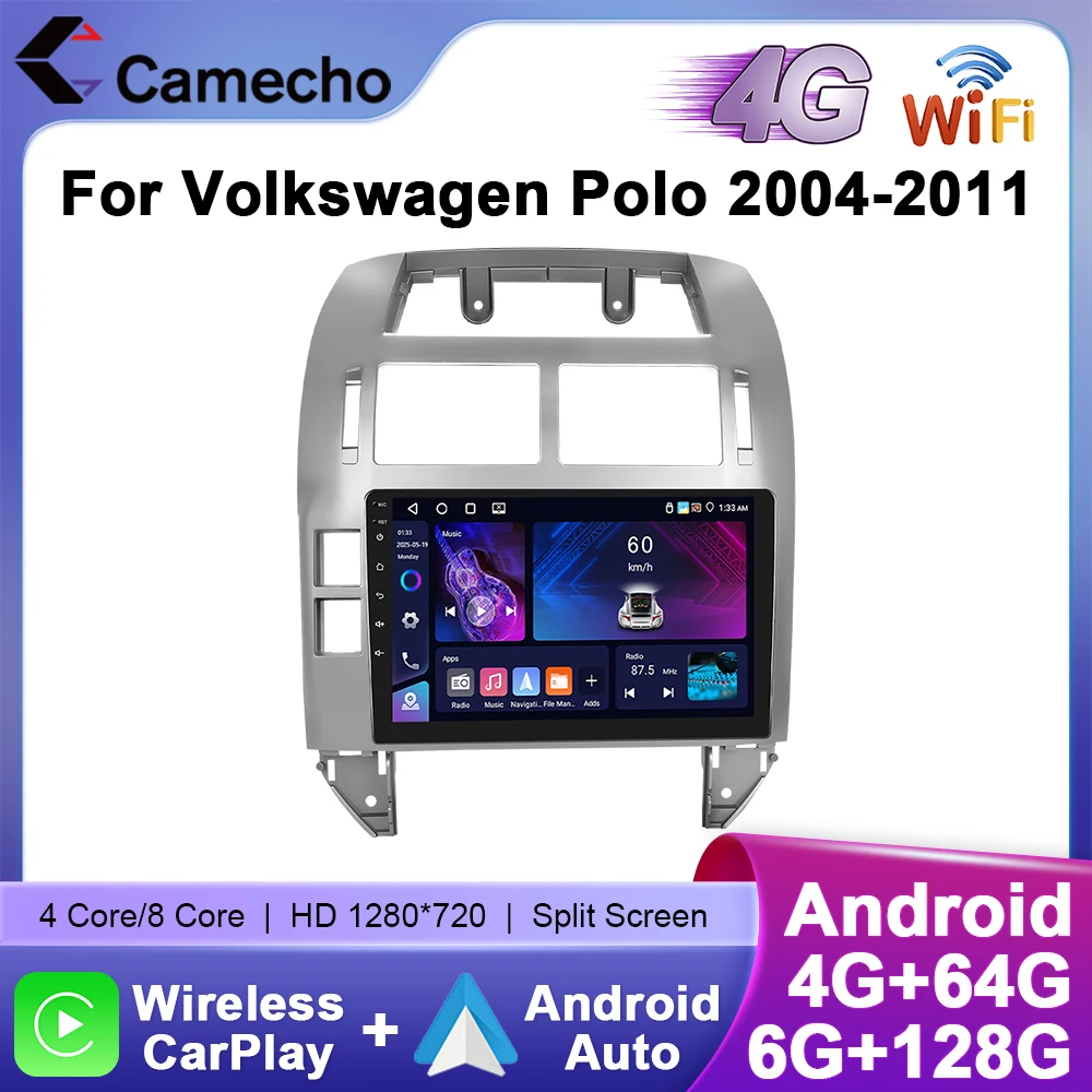 Camecho 6 + 128G Drahtlose CarPlay Andorid Auto Auto Radio Für VW Volkswagen Polo 2004-2011 GPS Stereo 4G WiFi Multimedia Player Image