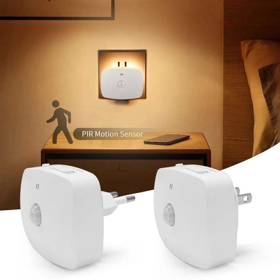 110–240 V EU-US-Sockel, LED-Nachtlicht mit PIR-Bewegungsmelder, steckbare Wandlampe für Schlafzimmer, Badezimmer, Flur, Treppen, 3 Farben