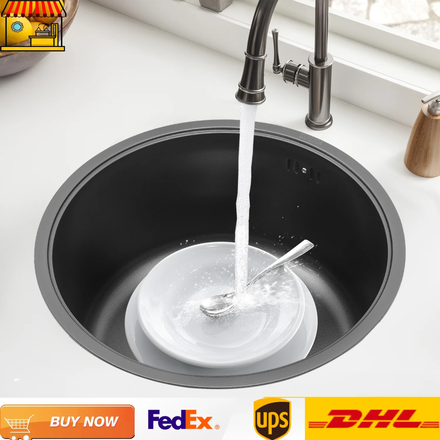 Handwaschbecken aus Edelstahl mit Deckel | 36 cm/40 cm schwarzes rundes Wohnmobil-Wohnwagen- oder Bootswaschbecken