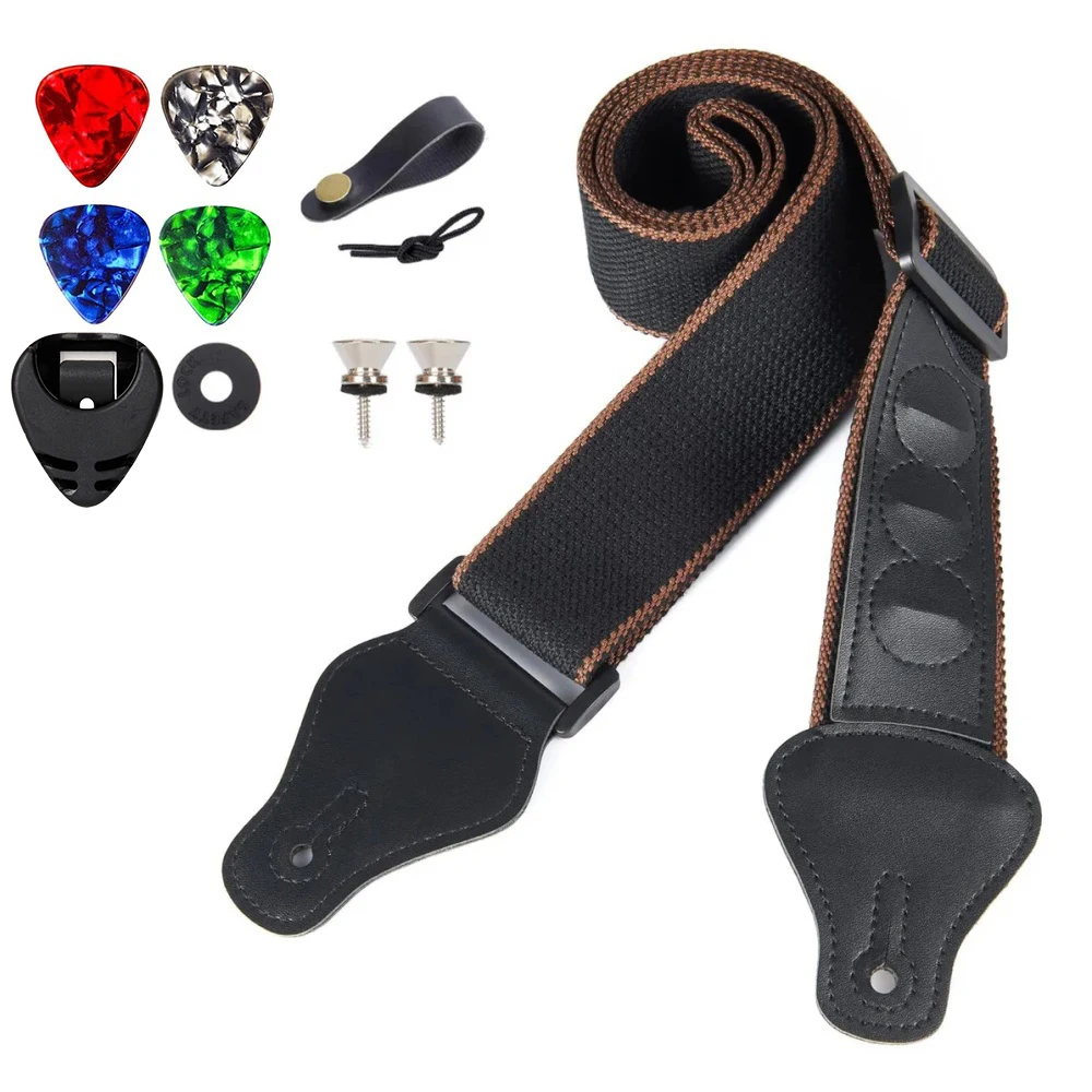 11 Teile/satz Gitarrengurt Schwarz PU Leder & Baumwolle für Gitarre Ukulele Bass mit Gitarrenplektren, Plektrumhalter, Gitarrengurt Knopfnägel Image