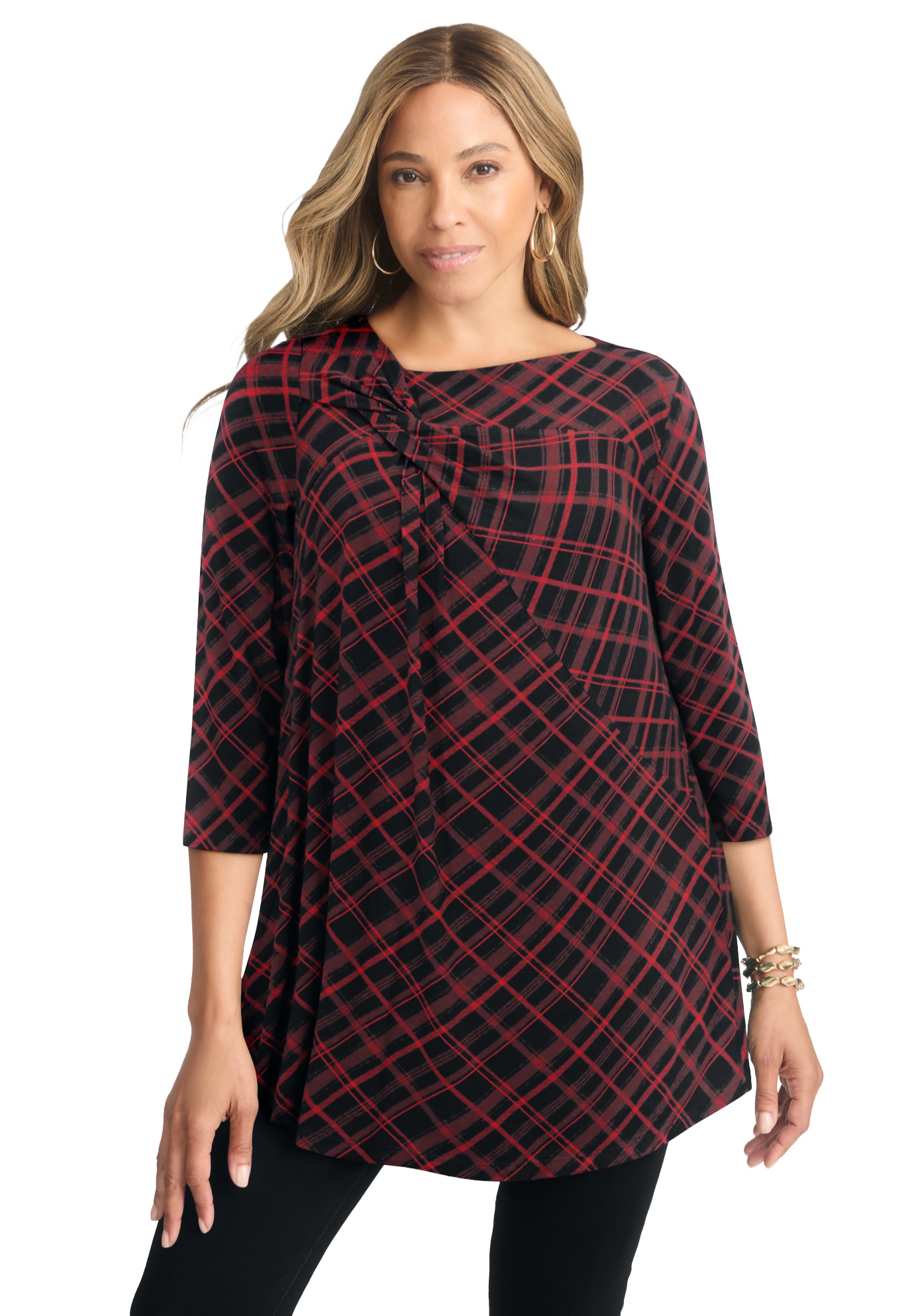 Plus Size Women's Twist-Front Trapeze Tunic by Jessica London in Black Red Plaid (Size 1X)