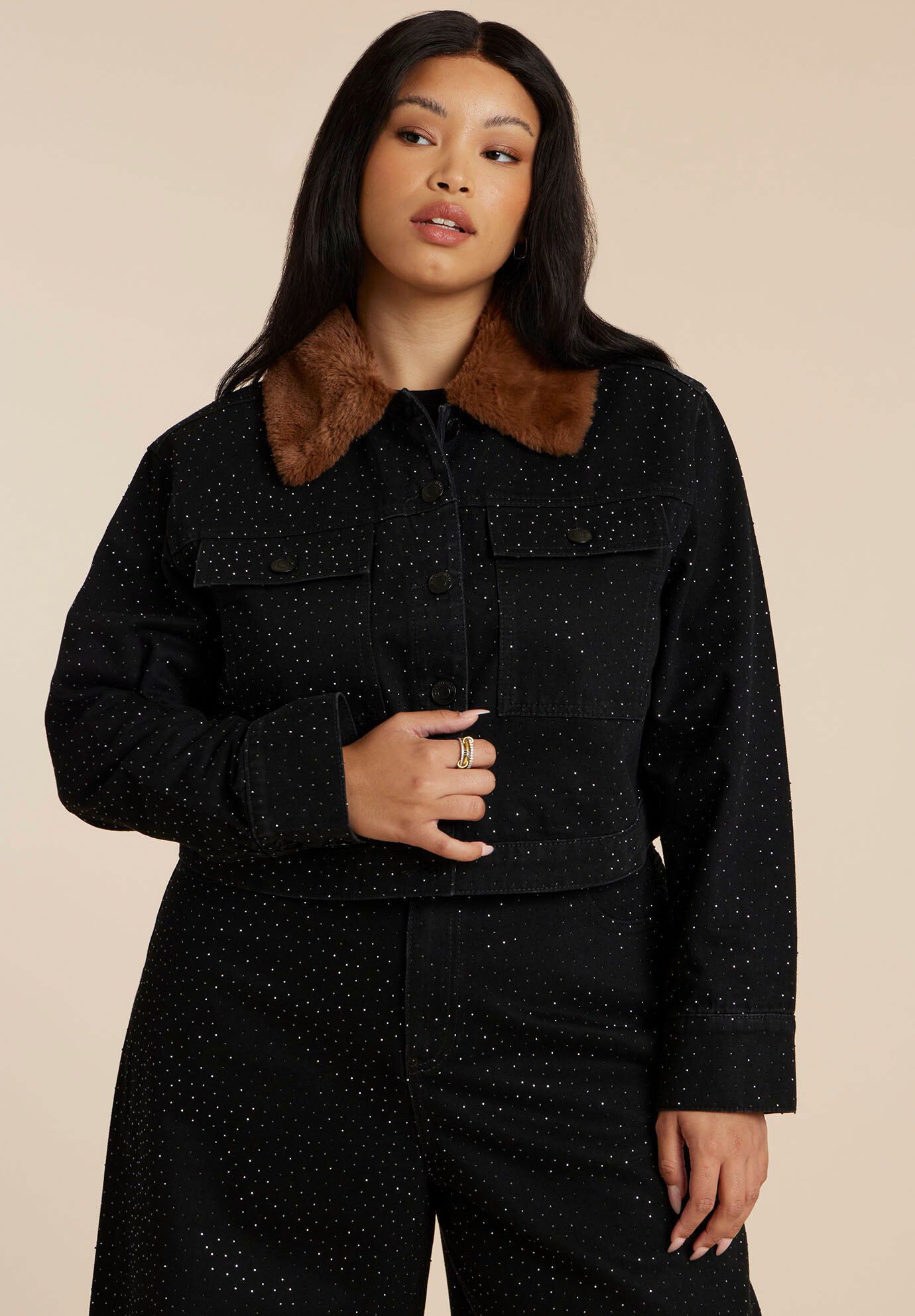 Plus Size Women's Embellished Denim Jacket With Fur Collar by ELOQUII in Black Rinse (Size 22)