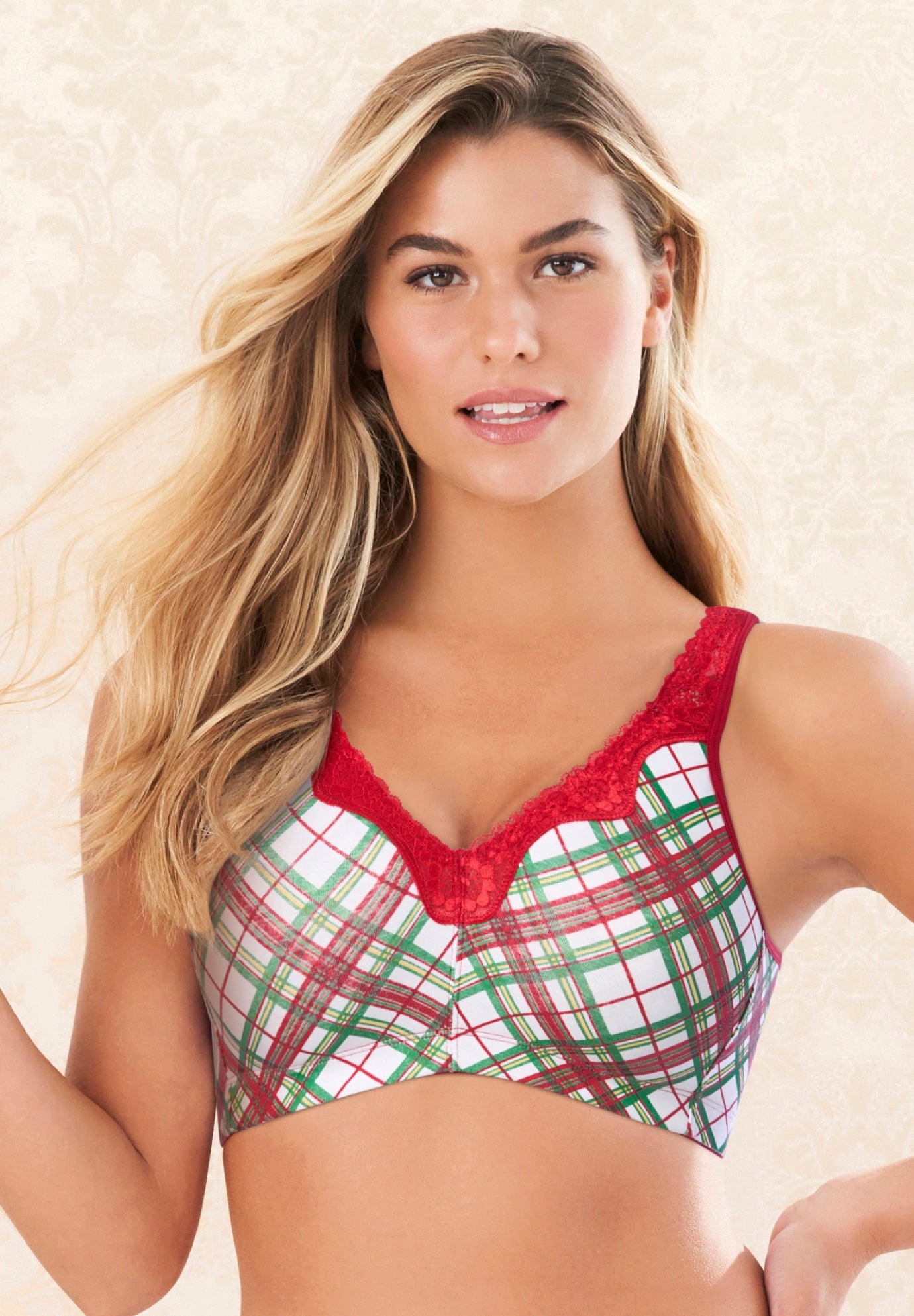 Plus Size Women's Cotton Comfort Wireless Bra by Catherines in Holiday Plaid (Size 46 DD)