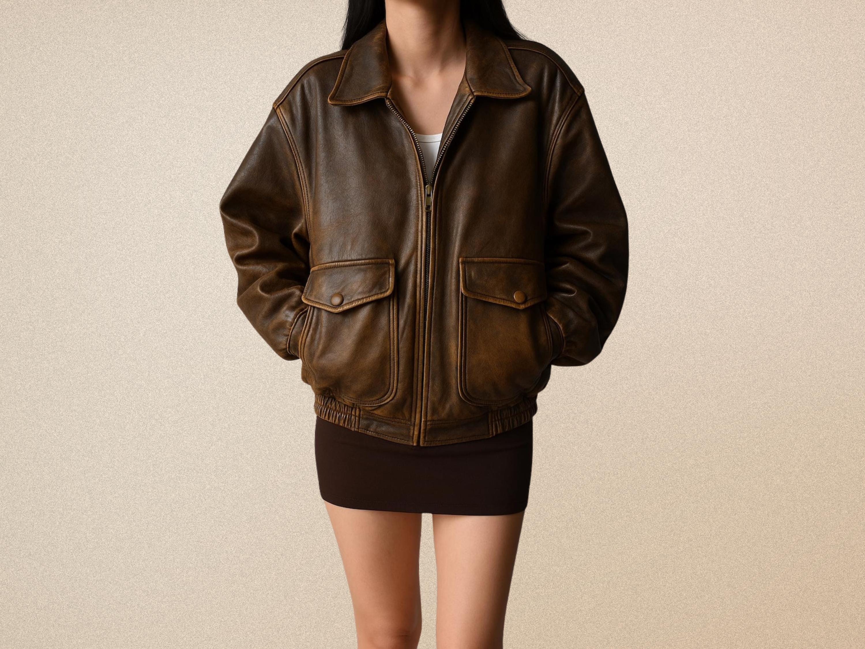 Vintage Oversized Brown Leather Bomber Jacket | Women's 80s Style Aviator Jacket | Distressed Retro Leather Coat | Bulky Fit Fall Coat