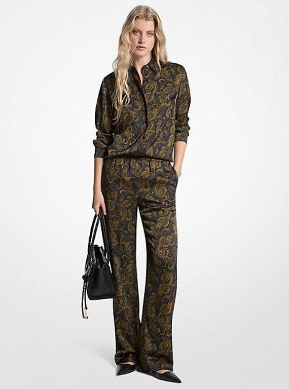 Paisley Print Satin Pajama Pants - Green - Michael Kors Nightwear