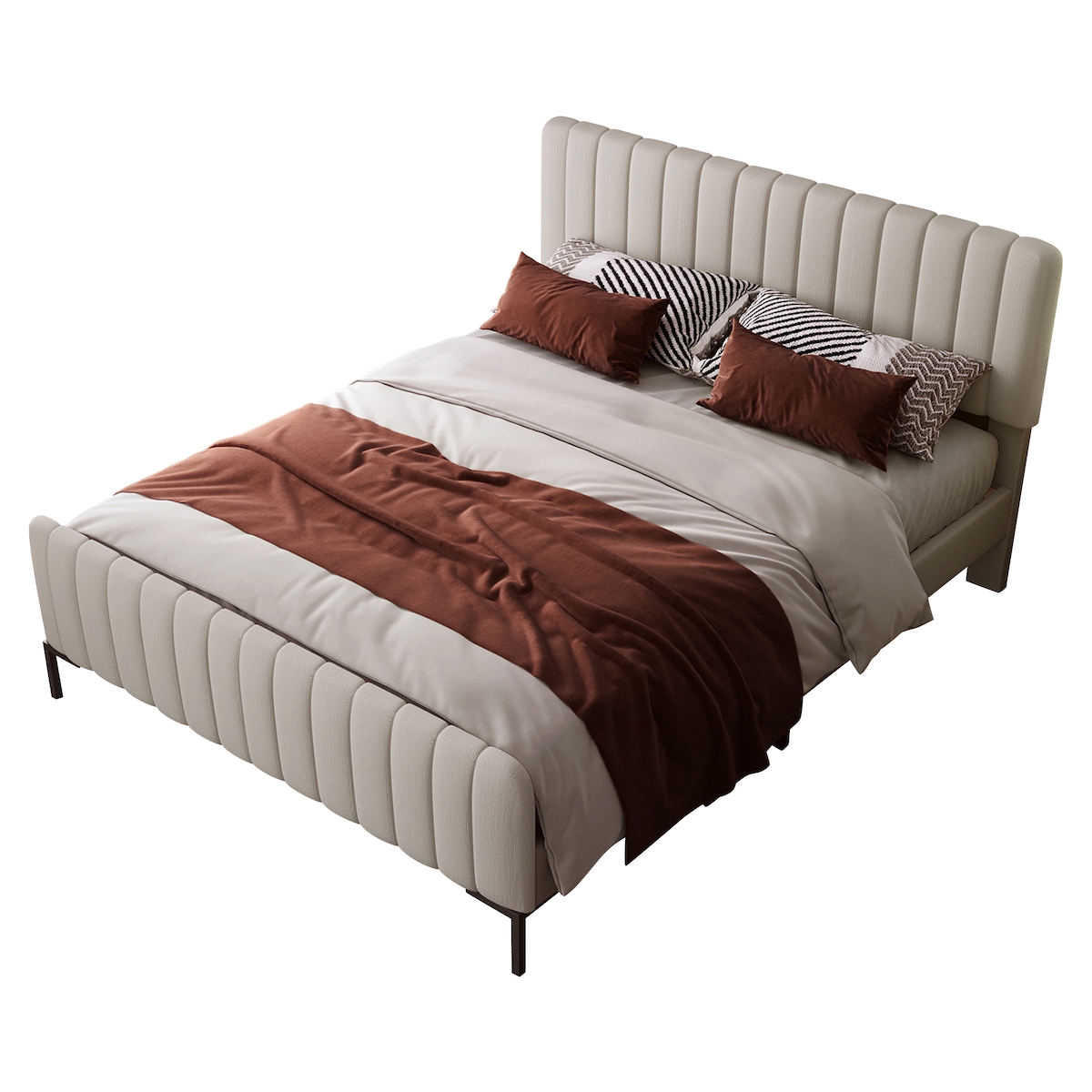 OKWISH Polsterbett 160×200 mit verstellbarem Kopfteil, Lattenrost, gepolstert, Leinenbezug, Massivholz- und Metallrahmen, Grau-Beige Image