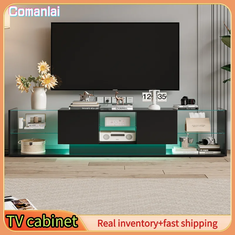 Comanlai Meuble TV 200 cm, avec éclairage LED, meuble TV inférieur, meuble TV moderne à haute brillance avec étagères en verre, pour salon, noir