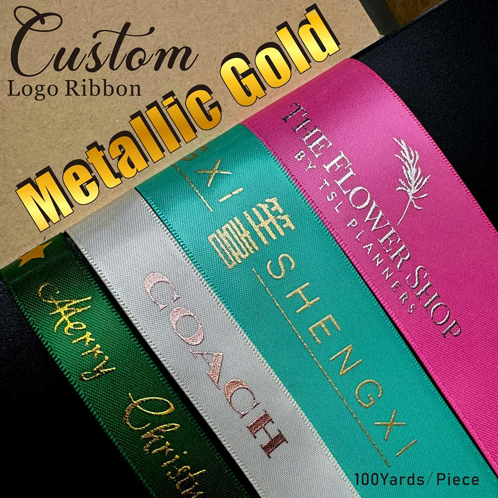 16 mm-51 mm individuelles Logo, metallisch bedrucktes Satin-Polyesterband für Geschenkverpackungen und Verpackungen, 100 Yard/Lot Image