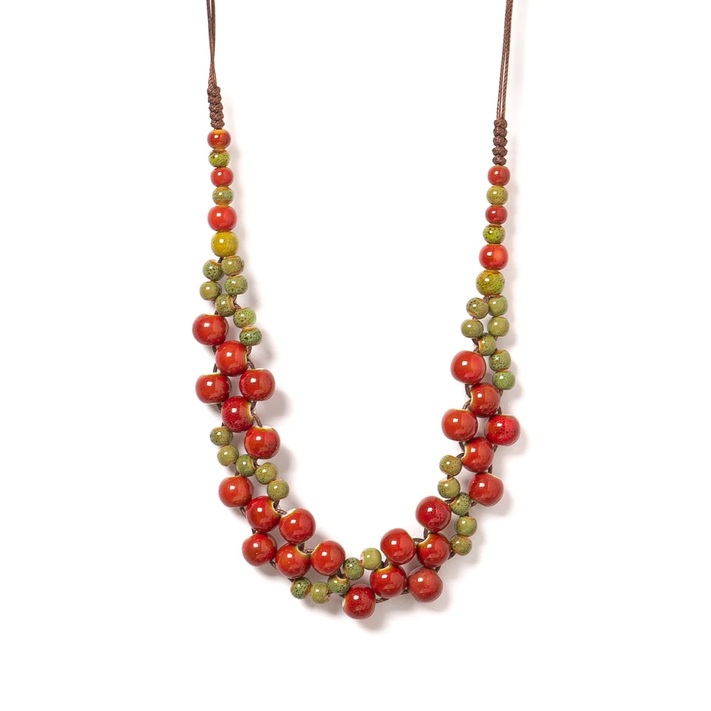 Handgefertigte mehrfarbige rote und grüne Keramikperlen-Halskette, verstellbare Wachsschnur, böhmischer ethnischer Schmuck, kann auch als Headp getragen werden Image