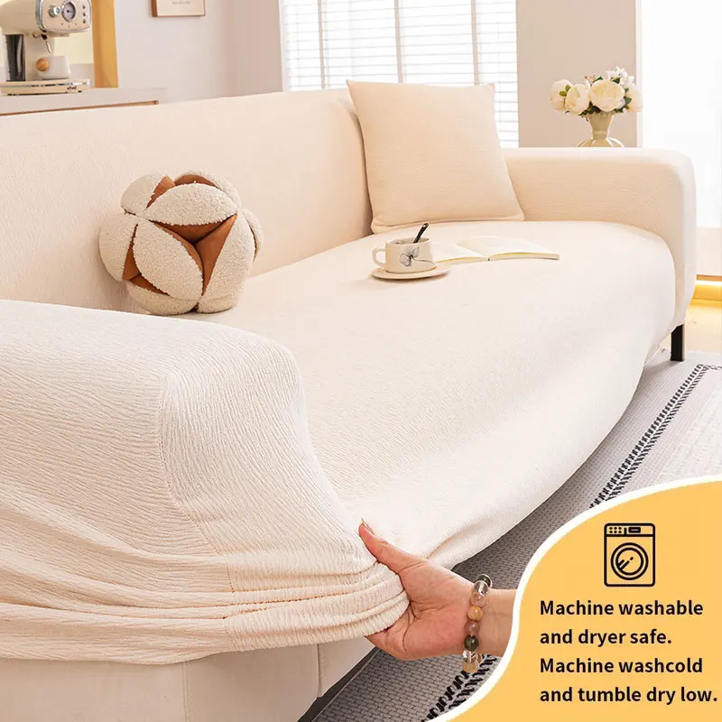 1 STÜCK-Einfarbig gestreifter High-End-Sofabezug 2025 neuer cremefarbener Stil fauler elastischer staubdichter integrierter Sofa-Schutzhülle Image