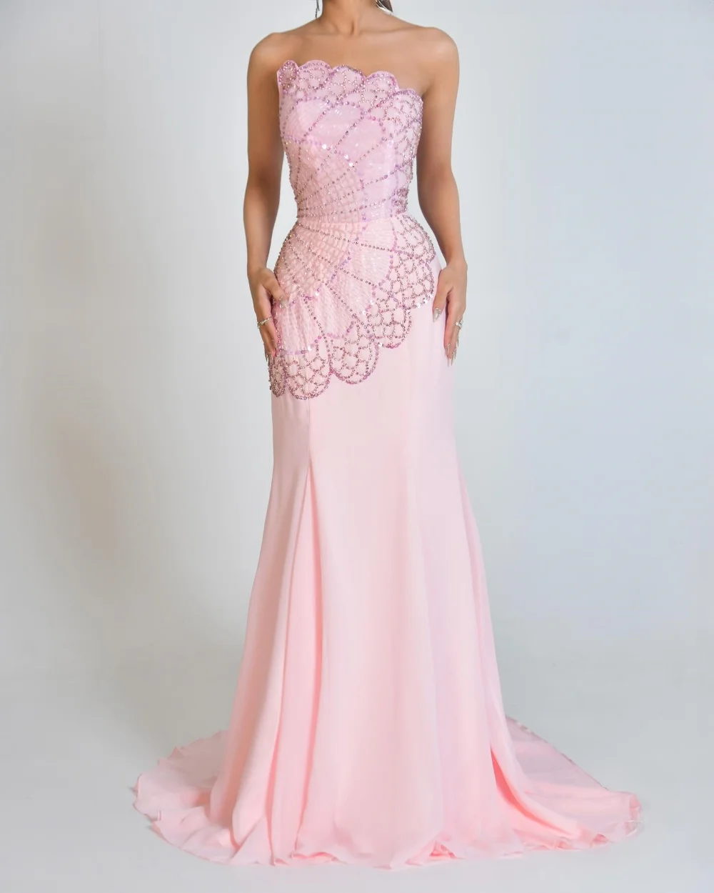 Maßgeschneiderte klassische Chiffon-Pailletten, Perlen, Strass, drapiert, A-Linie, gewellte lange Kleider, maßgeschneiderte Anlasskleider, exquisit Image