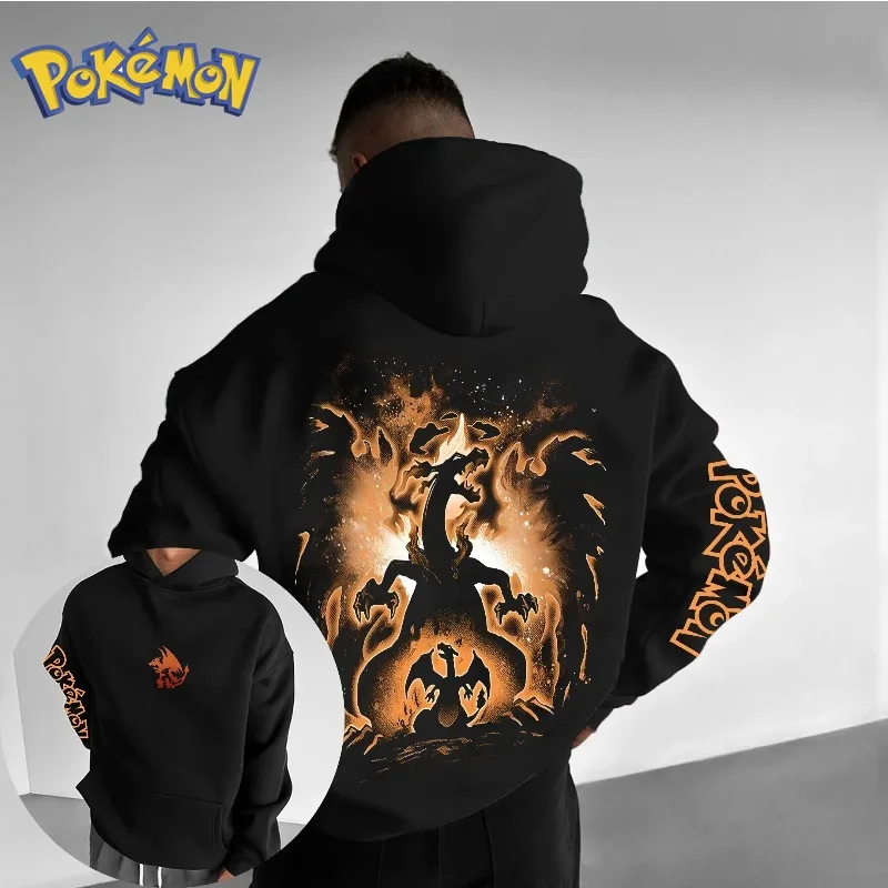 Pokémon Anime Charizard Kreativer Vorder- und Rückseite bedruckter Kapuzenpullover für Herren und Damen, Herbst/Winter, neuer Harajuku-Casual-Trendpullover Image