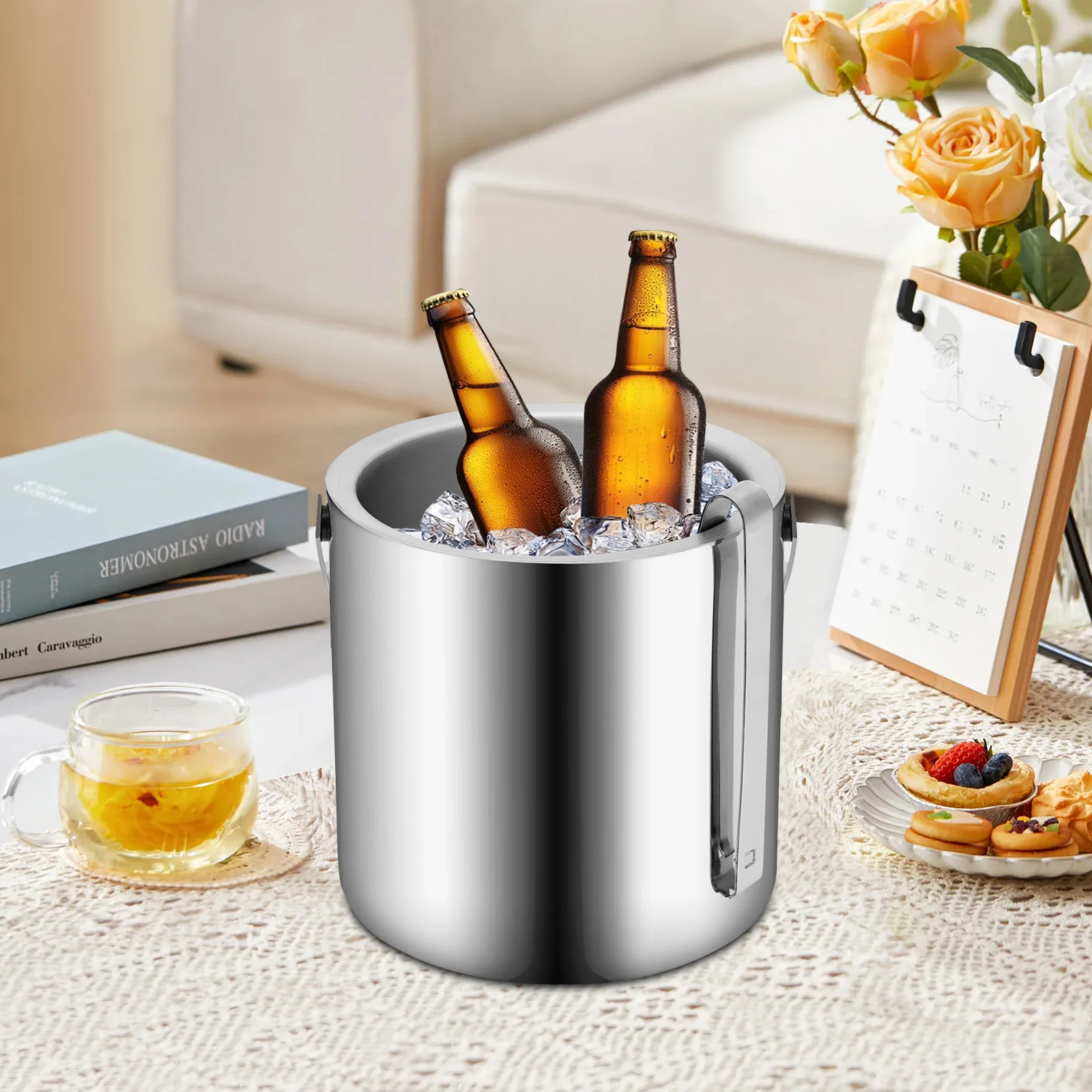 1,3 l Edelstahl-Eiskübel – doppelwandig, 304, isoliert mit Deckel und integrierten Zangen für Partys/Grillen (14 x 22,5 cm) Image
