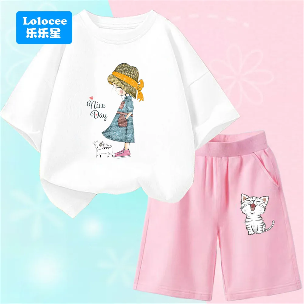 Zweiteiliges Set für Kinder, kurzärmliges T-Shirt, Oberteil und Shorts, Sommer-Outfits mit süßem Mädchen- und Katzen-Cartoon-Print NHM01 Image