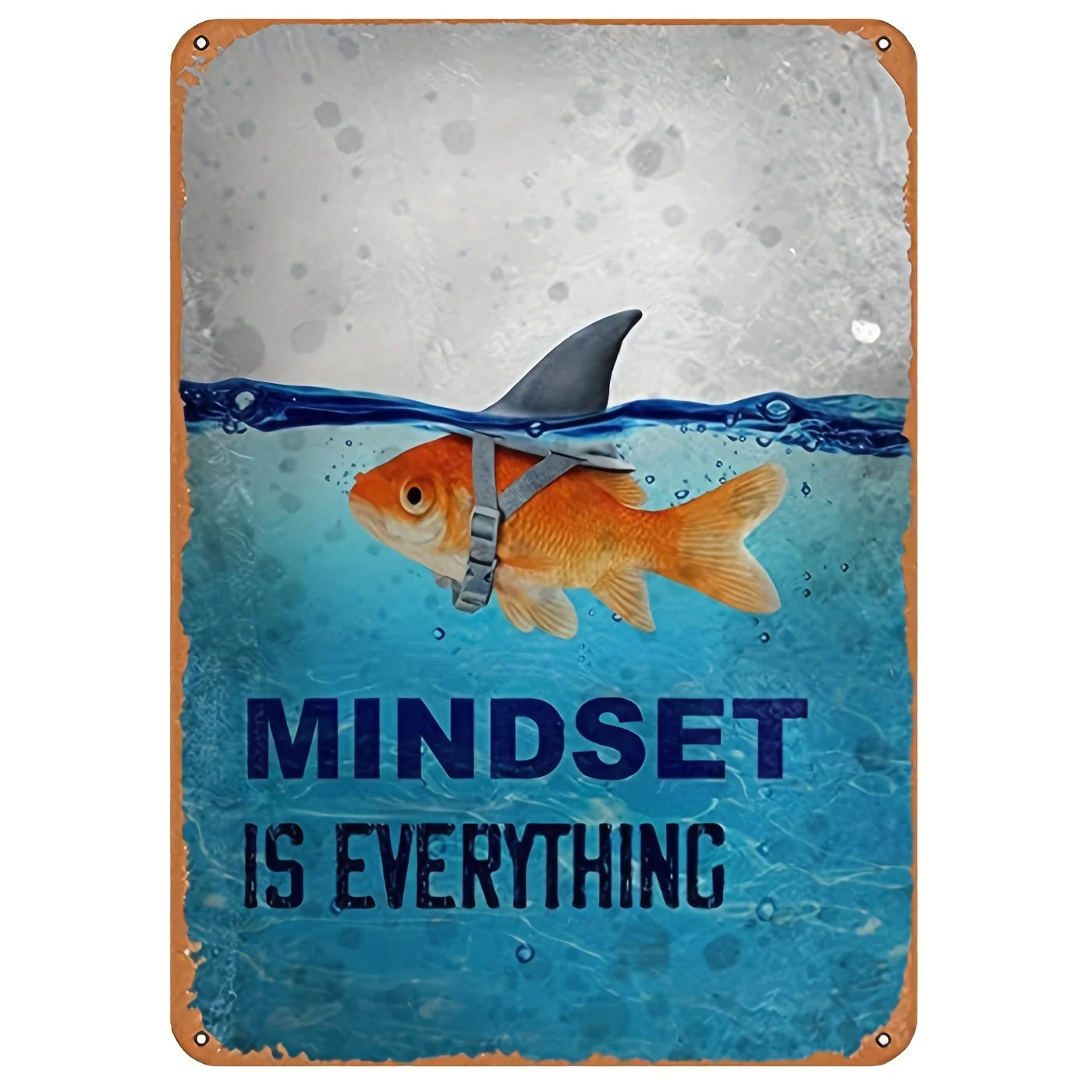 Aluminium-Goldfisch-Wandschild „Mindset Is Everything“ – Motivationsdekor aus Metall im Retro-Stil mit vorgebohrten Löchern, Unterwasserszene Image