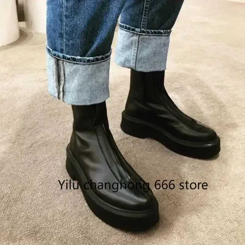 2026 Spring Genuine Leather British Style Short Boots Outdoor Casual Office Round Toe Zip Thick Sole Boots Fashion Womens Boots